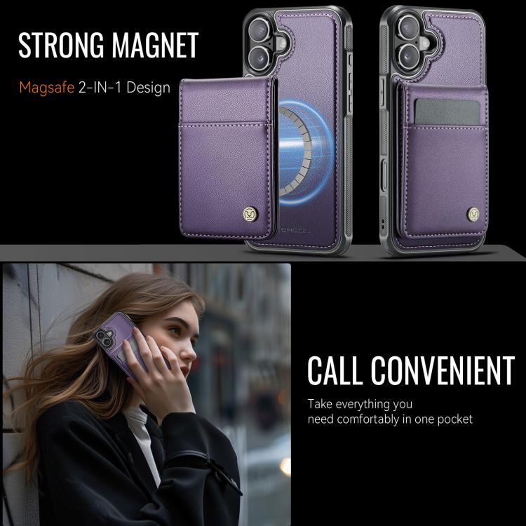 For iPhone 16 JEEHOOD J06 British Style RFID MagSafe Card Bag PU Phone Case(Purple)