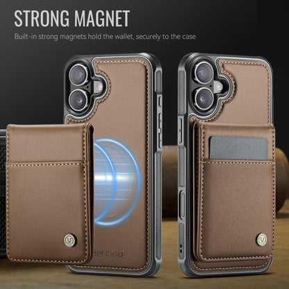 For iPhone 16 JEEHOOD J06 British Style RFID MagSafe Card Bag PU Phone Case(Brown)