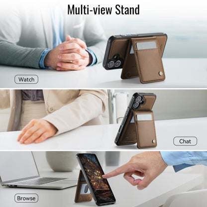 For iPhone 16 JEEHOOD J06 British Style RFID MagSafe Card Bag PU Phone Case(Brown)