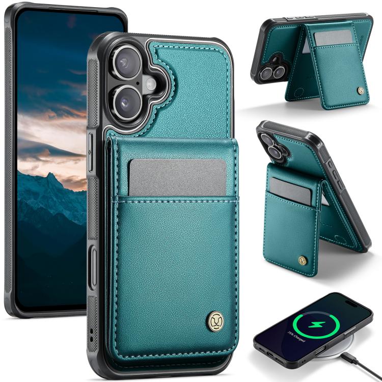 For iPhone 16 JEEHOOD J06 British Style RFID MagSafe Card Bag PU Phone Case(Green)