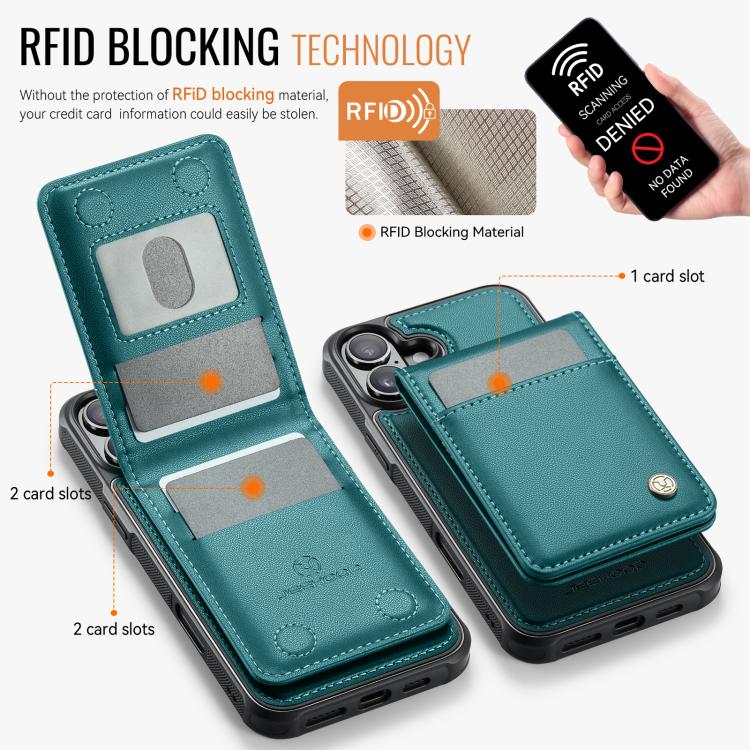 For iPhone 16 JEEHOOD J06 British Style RFID MagSafe Card Bag PU Phone Case(Green)