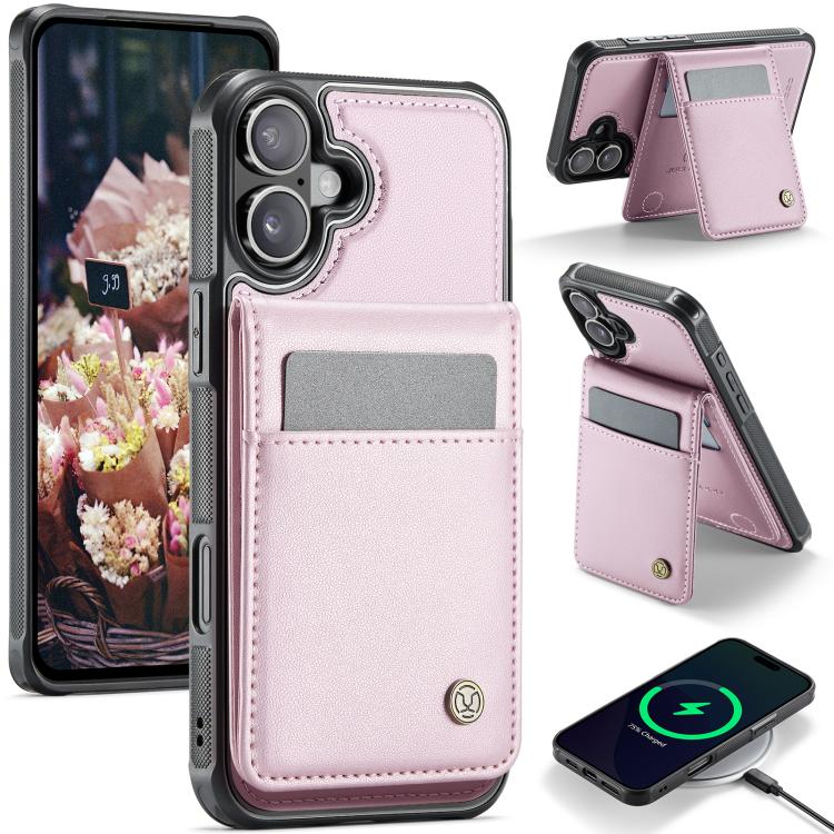 For iPhone 16 JEEHOOD J06 British Style RFID MagSafe Card Bag PU Phone Case(Pink)