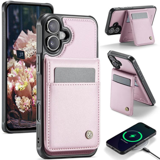 For iPhone 16 JEEHOOD J06 British Style RFID MagSafe Card Bag PU Phone Case(Pink)