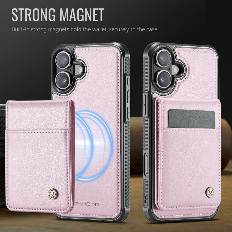 For iPhone 16 JEEHOOD J06 British Style RFID MagSafe Card Bag PU Phone Case(Pink)