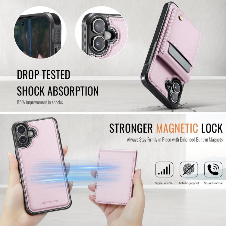 For iPhone 16 JEEHOOD J06 British Style RFID MagSafe Card Bag PU Phone Case(Pink)