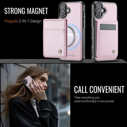 For iPhone 16 JEEHOOD J06 British Style RFID MagSafe Card Bag PU Phone Case(Pink)