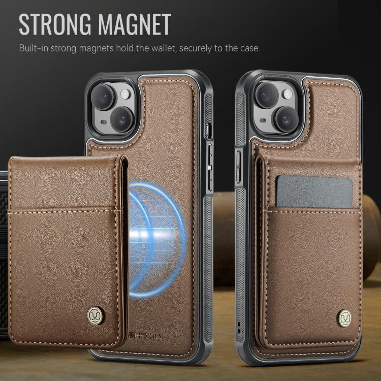 For iPhone 15 Plus JEEHOOD J06 British Style RFID MagSafe Card Bag PU Phone Case(Brown)