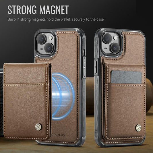For iPhone 15 Plus JEEHOOD J06 British Style RFID MagSafe Card Bag PU Phone Case(Brown)