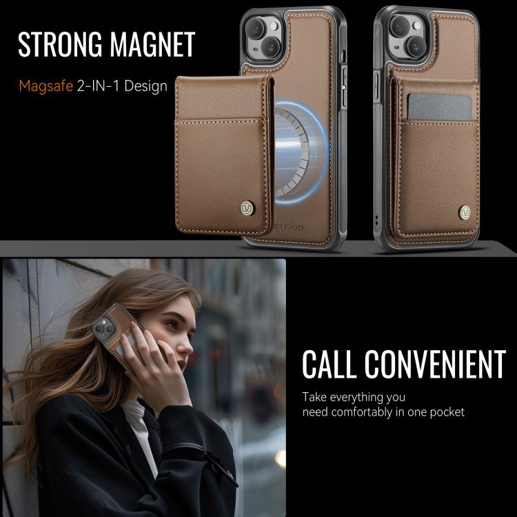 For iPhone 15 Plus JEEHOOD J06 British Style RFID MagSafe Card Bag PU Phone Case(Brown)
