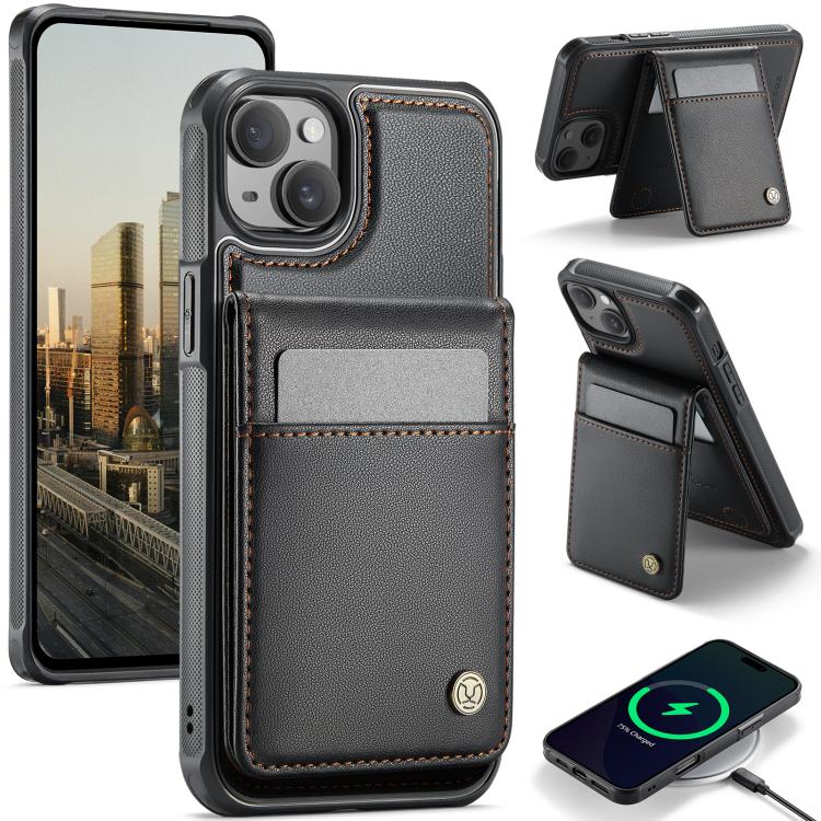 Pour iPhone 15 Plus JEEHOOD J06 Étui de téléphone en PU avec porte-cartes RFID MagSafe style britannique (Noir)