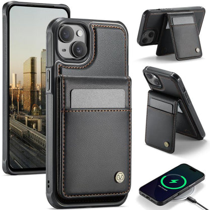 Pour iPhone 15 Plus JEEHOOD J06 Étui de téléphone en PU avec porte-cartes RFID MagSafe style britannique (Noir)