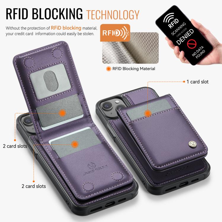 For iPhone 15 JEEHOOD J06 British Style RFID MagSafe Card Bag PU Phone Case(Purple)