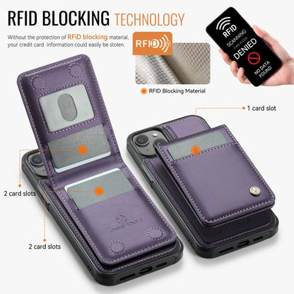 For iPhone 15 JEEHOOD J06 British Style RFID MagSafe Card Bag PU Phone Case(Purple)