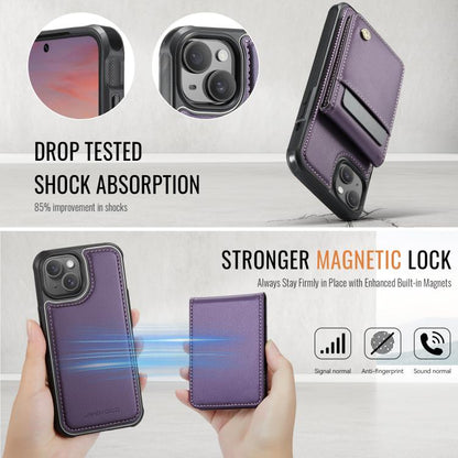 For iPhone 15 JEEHOOD J06 British Style RFID MagSafe Card Bag PU Phone Case(Purple)