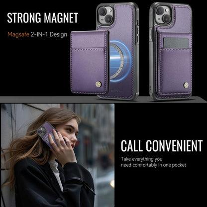 For iPhone 15 JEEHOOD J06 British Style RFID MagSafe Card Bag PU Phone Case(Purple)
