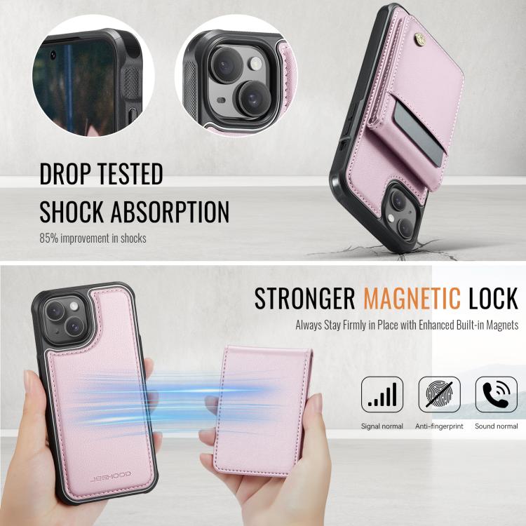 For iPhone 15 JEEHOOD J06 British Style RFID MagSafe Card Bag PU Phone Case(Pink)