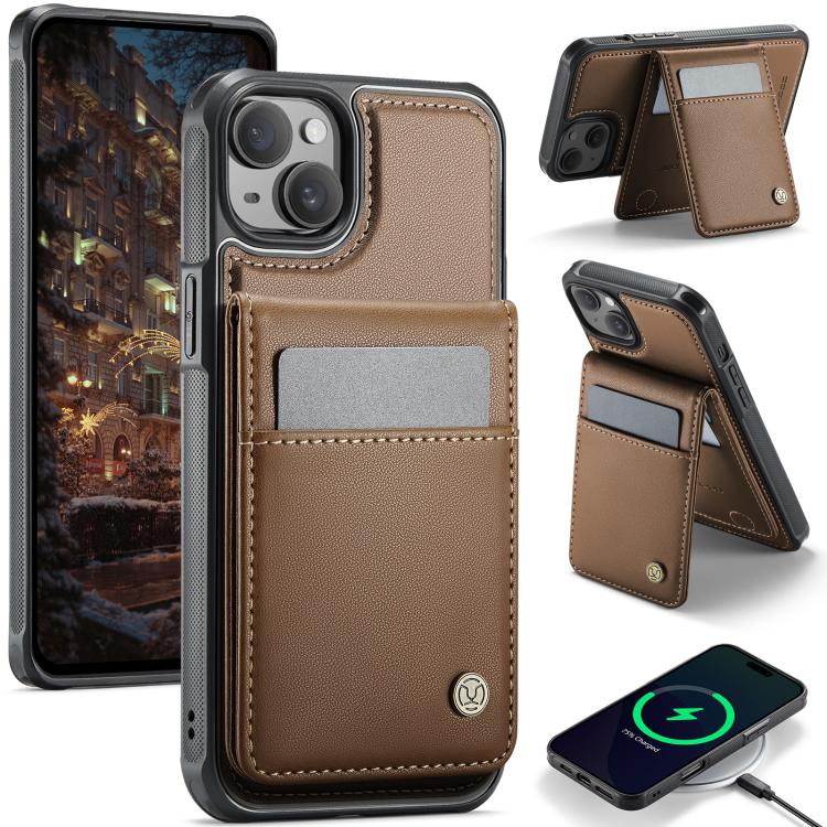 Pour iPhone 14 Plus JEEHOOD J06 Étui de téléphone en PU avec porte-cartes RFID MagSafe de style britannique (Marron)