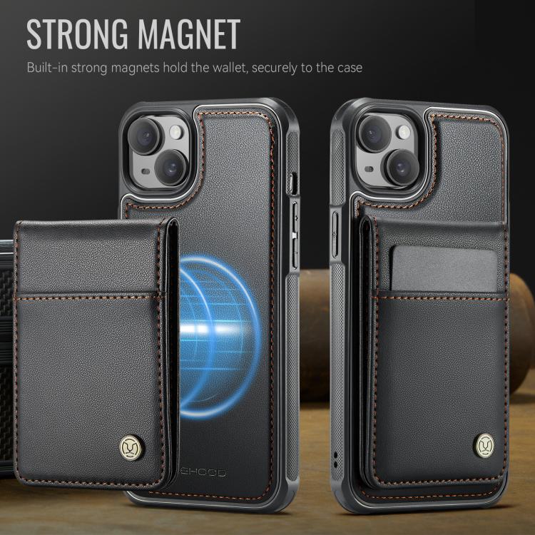 For iPhone 14 Plus JEEHOOD J06 British Style RFID MagSafe Card Bag PU Phone Case(Black)
