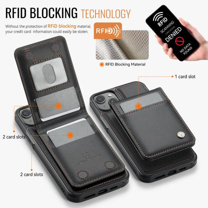 For iPhone 14 Plus JEEHOOD J06 British Style RFID MagSafe Card Bag PU Phone Case(Black)