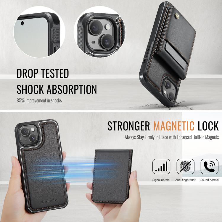 For iPhone 14 Plus JEEHOOD J06 British Style RFID MagSafe Card Bag PU Phone Case(Black)