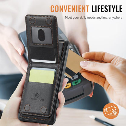 For iPhone 14 Plus JEEHOOD J06 British Style RFID MagSafe Card Bag PU Phone Case(Black)