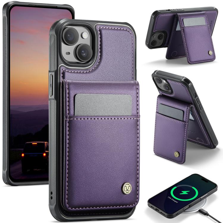 For iPhone 14 JEEHOOD J06 British Style RFID MagSafe Card Bag PU Phone Case(Purple)
