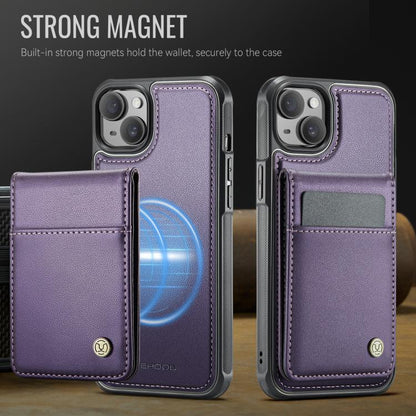 For iPhone 14 JEEHOOD J06 British Style RFID MagSafe Card Bag PU Phone Case(Purple)