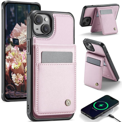 For iPhone 14 JEEHOOD J06 British Style RFID MagSafe Card Bag PU Phone Case(Pink)