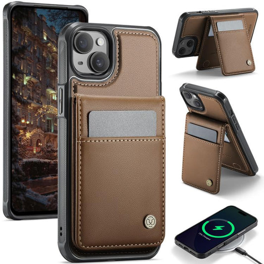 Pour iPhone 13 JEEHOOD J06 Étui de téléphone en PU de style britannique avec sac de cartes MagSafe RFID (marron)