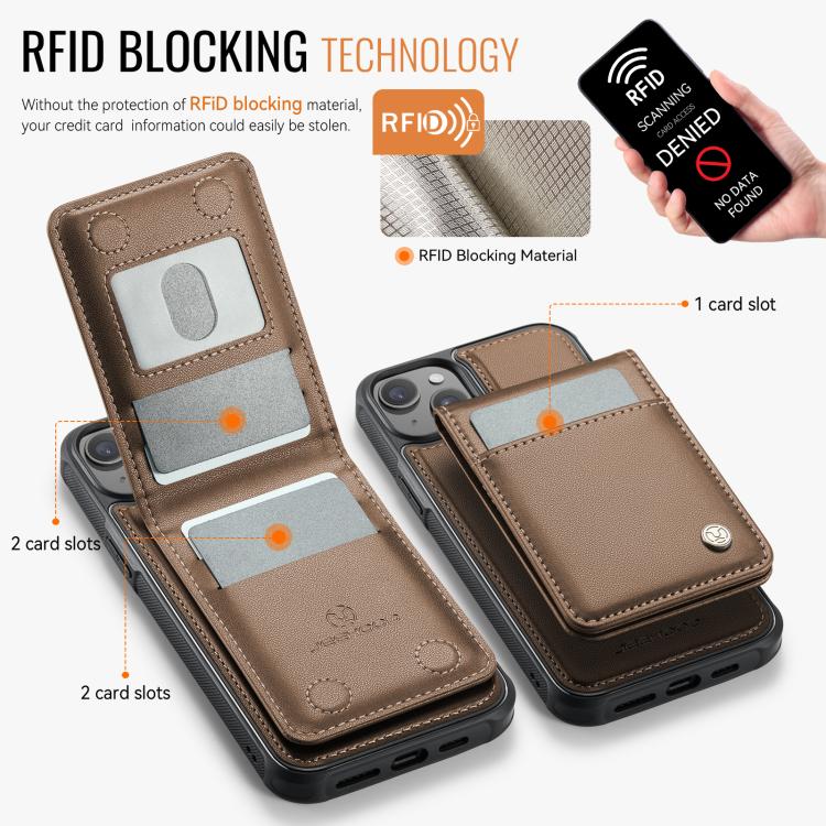 For iPhone 13 JEEHOOD J06 British Style RFID MagSafe Card Bag PU Phone Case(Brown)