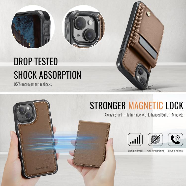 For iPhone 13 JEEHOOD J06 British Style RFID MagSafe Card Bag PU Phone Case(Brown)