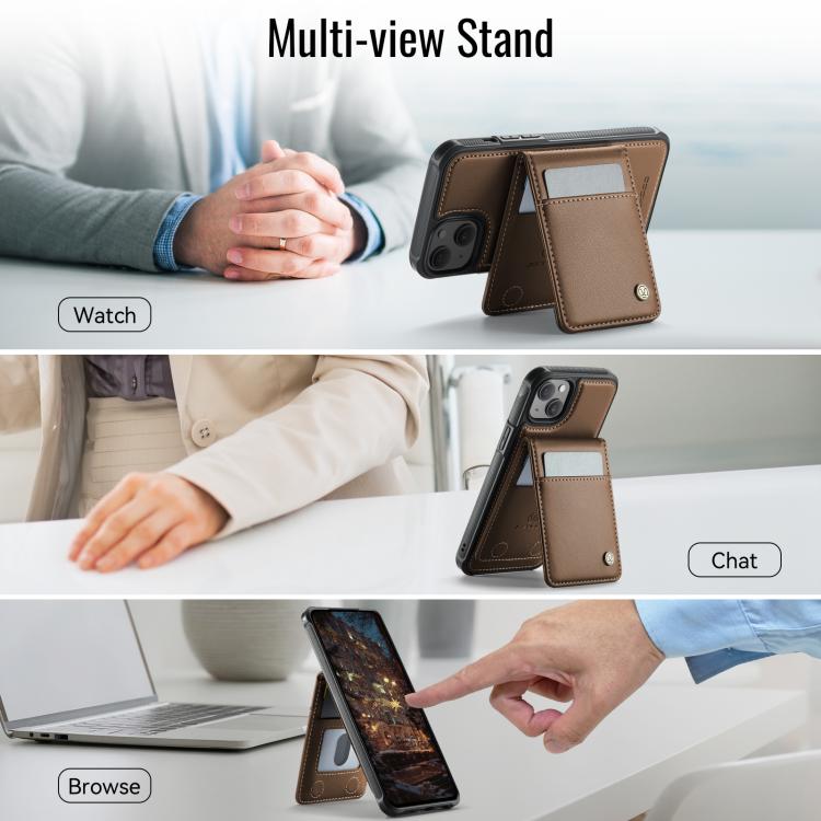 For iPhone 13 JEEHOOD J06 British Style RFID MagSafe Card Bag PU Phone Case(Brown)
