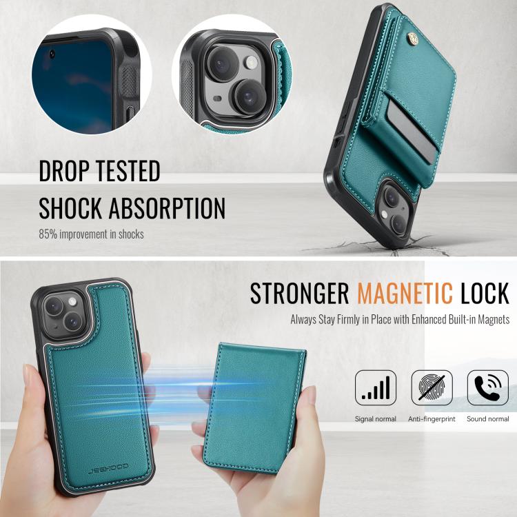 For iPhone 13 JEEHOOD J06 British Style RFID MagSafe Card Bag PU Phone Case(Green)