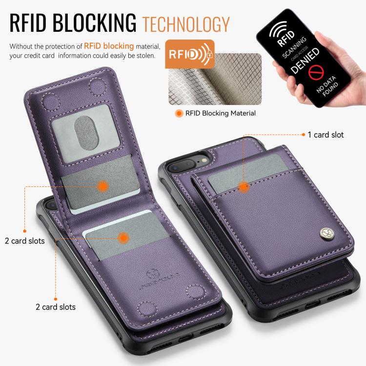 For iPhone 8 Plus / 7 Plus JEEHOOD J06 British Style RFID MagSafe Card Bag PU Phone Case(Purple)