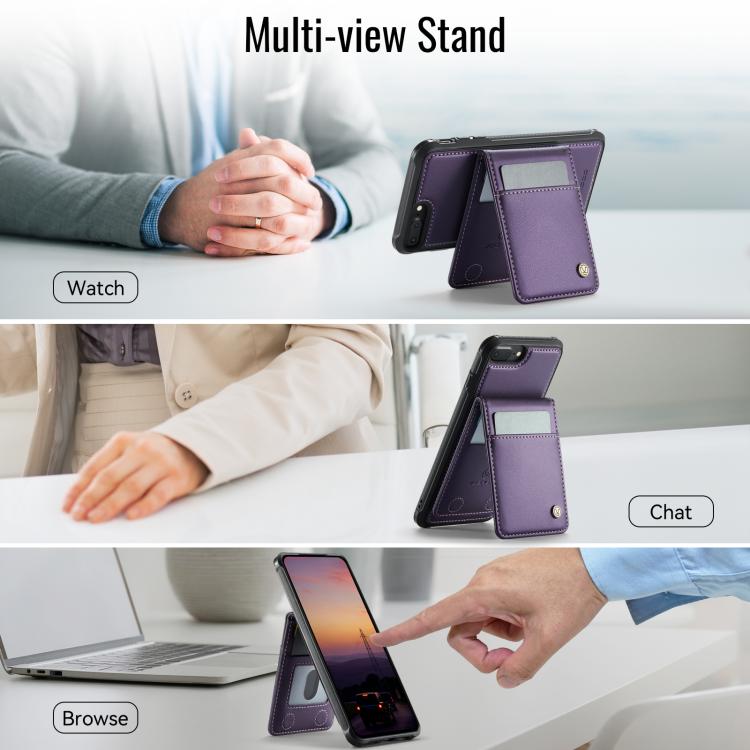 For iPhone 8 Plus / 7 Plus JEEHOOD J06 British Style RFID MagSafe Card Bag PU Phone Case(Purple)