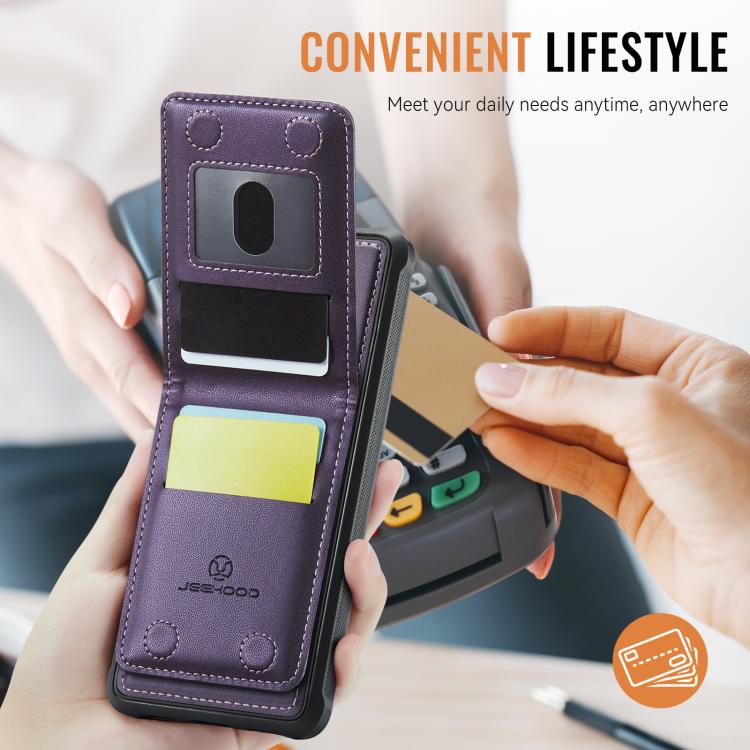 For iPhone 8 Plus / 7 Plus JEEHOOD J06 British Style RFID MagSafe Card Bag PU Phone Case(Purple)