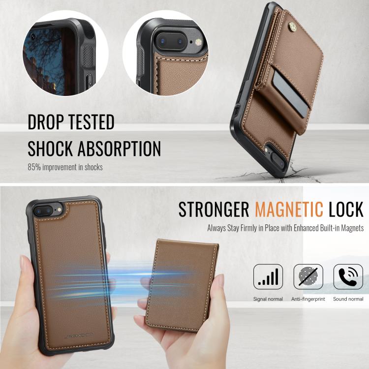 For iPhone 8 Plus / 7 Plus JEEHOOD J06 British Style RFID MagSafe Card Bag PU Phone Case(Brown)