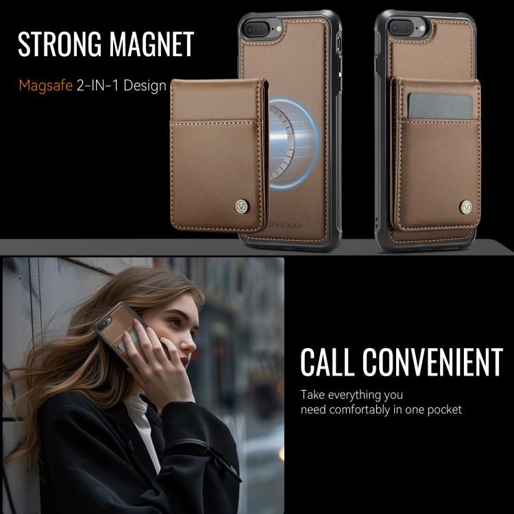 For iPhone 8 Plus / 7 Plus JEEHOOD J06 British Style RFID MagSafe Card Bag PU Phone Case(Brown)