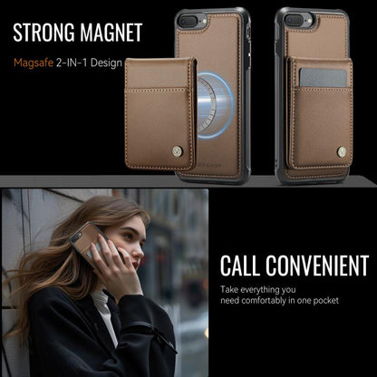 For iPhone 8 Plus / 7 Plus JEEHOOD J06 British Style RFID MagSafe Card Bag PU Phone Case(Brown)