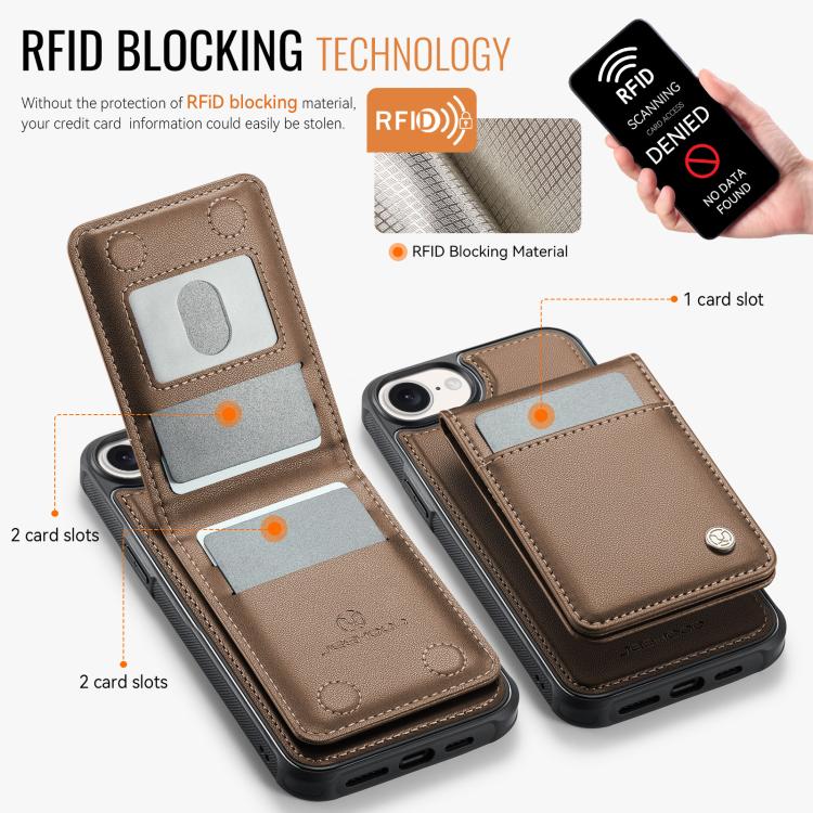 Pour iPhone 17e / 16e JEEHOOD J06 Étui de téléphone en PU avec porte-cartes RFID MagSafe style britannique (marron)