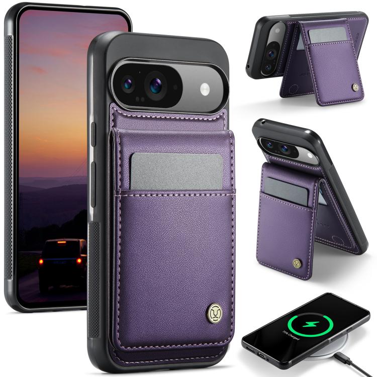 For Google Pixel 9 / 9 Pro JEEHOOD J06 British Style RFID MagSafe Card Bag PU Phone Case(Purple)