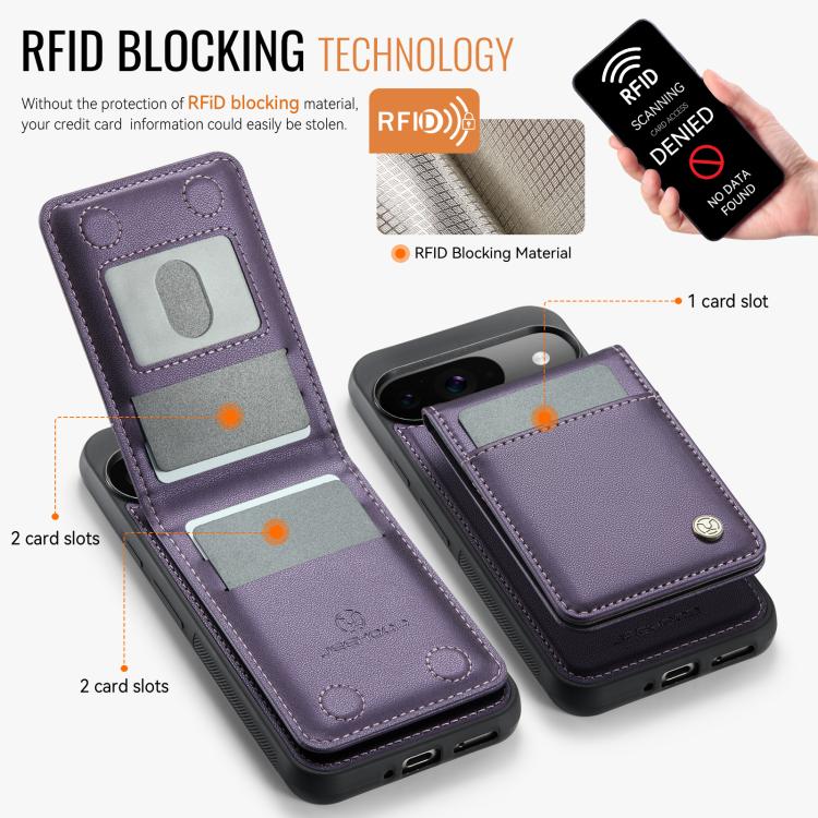 For Google Pixel 9 / 9 Pro JEEHOOD J06 British Style RFID MagSafe Card Bag PU Phone Case(Purple)