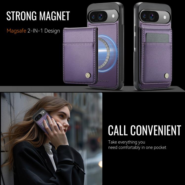 For Google Pixel 9 / 9 Pro JEEHOOD J06 British Style RFID MagSafe Card Bag PU Phone Case(Purple)