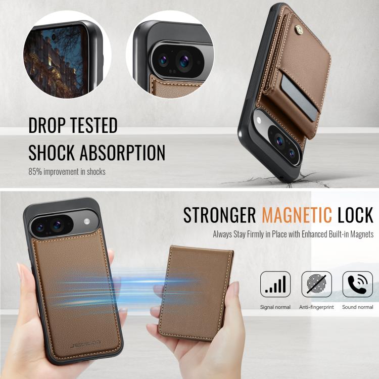 For Google Pixel 9 / 9 Pro JEEHOOD J06 British Style RFID MagSafe Card Bag PU Phone Case(Brown)
