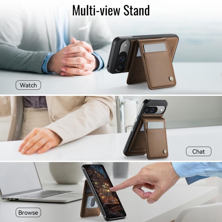 For Google Pixel 9 / 9 Pro JEEHOOD J06 British Style RFID MagSafe Card Bag PU Phone Case(Brown)