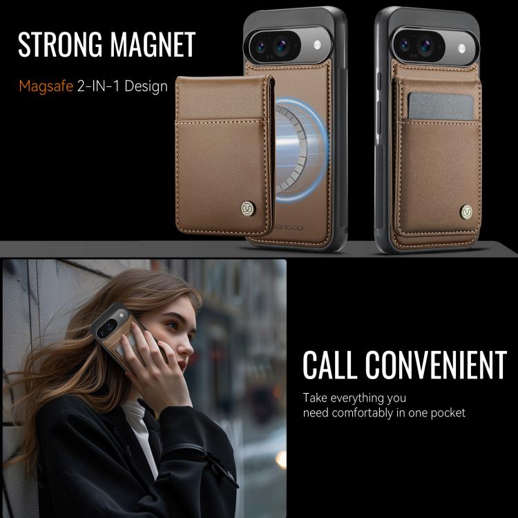 For Google Pixel 9 / 9 Pro JEEHOOD J06 British Style RFID MagSafe Card Bag PU Phone Case(Brown)