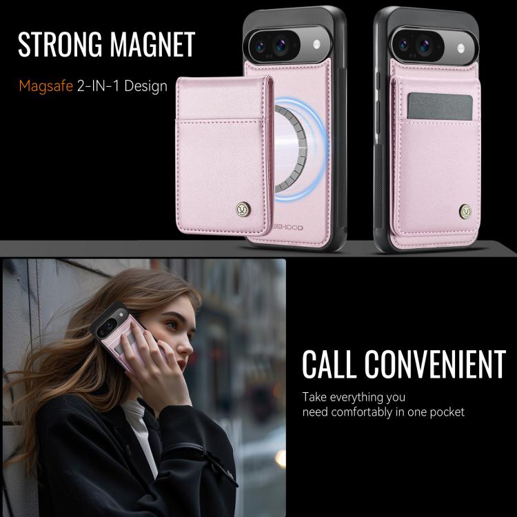 For Google Pixel 9 / 9 Pro JEEHOOD J06 British Style RFID MagSafe Card Bag PU Phone Case(Pink)