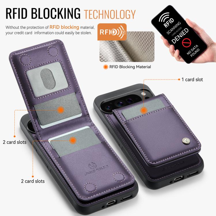 Pour Google Pixel 9 Pro XL JEEHOOD J06 Coque de téléphone en PU avec porte-cartes RFID MagSafe style britannique (violet)
