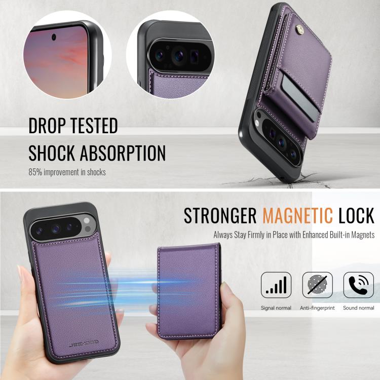 Pour Google Pixel 9 Pro XL JEEHOOD J06 Coque de téléphone en PU avec porte-cartes RFID MagSafe style britannique (violet)