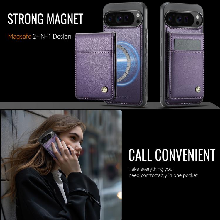Pour Google Pixel 9 Pro XL JEEHOOD J06 Coque de téléphone en PU avec porte-cartes RFID MagSafe style britannique (violet)